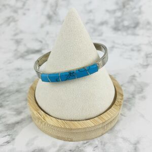 Vintage Mexican Alpaca Turquoise Bracelet Channel Inlay Silver tone Hinged